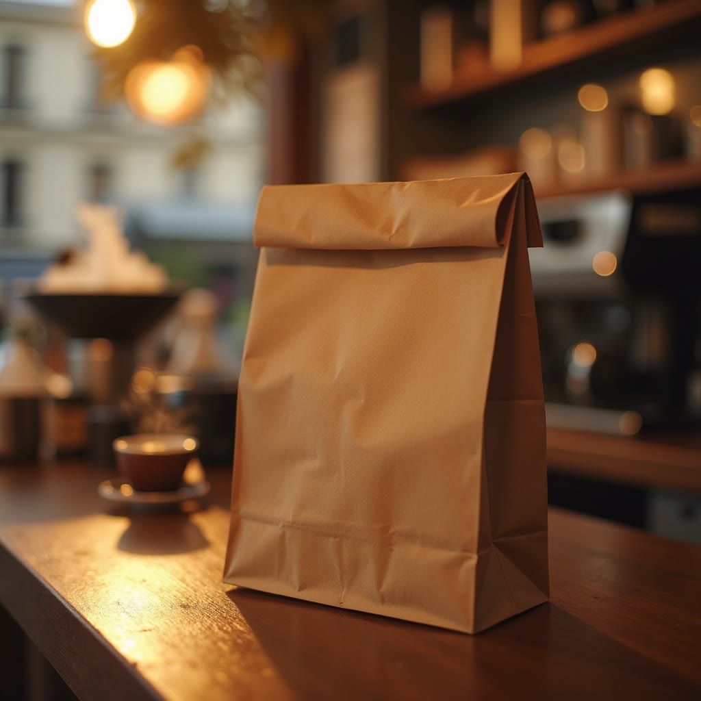 Un sac kraft de livraison et un café sur un comptoir