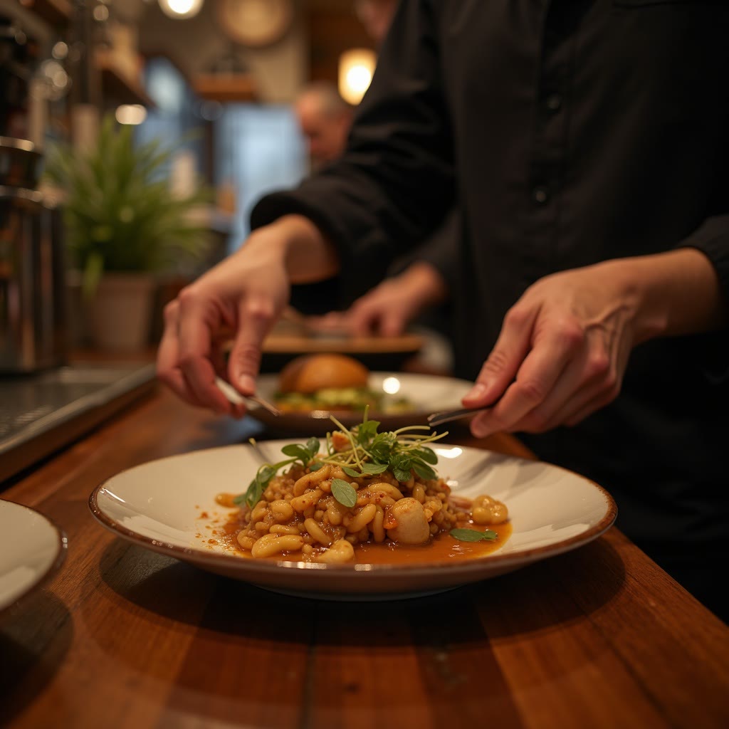 Des mains qui dressent une assiette sur un comptoir chaud