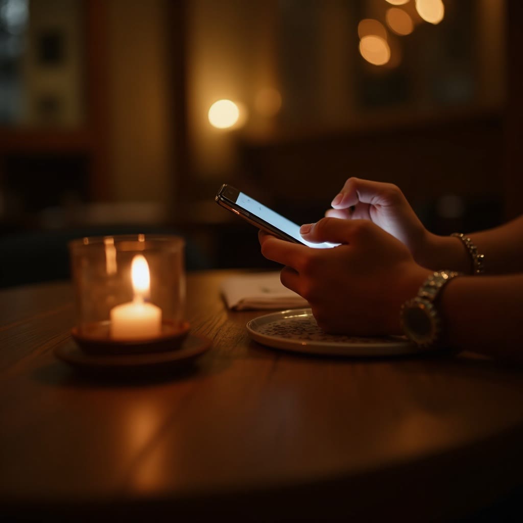 Des mains qui réservent une table sur un téléphone
