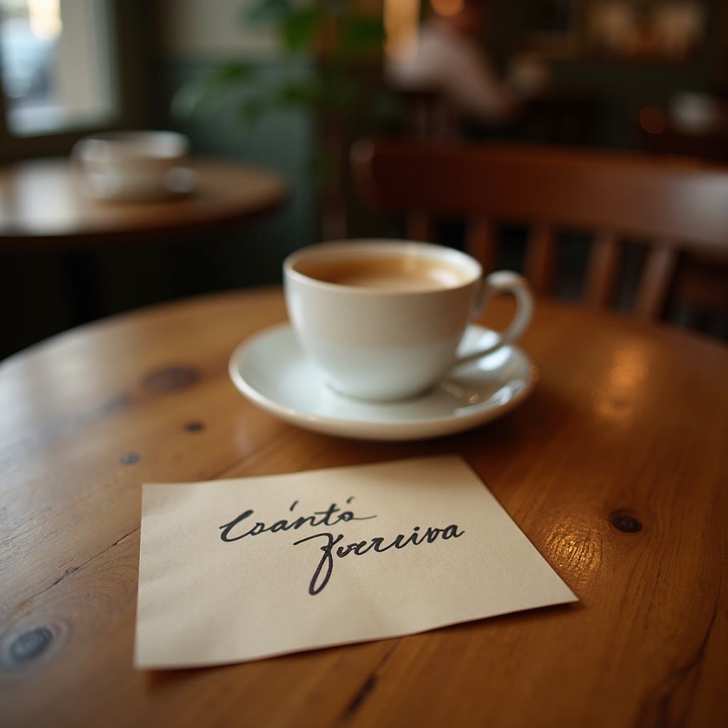 Une tasse de café et une carte manuscrite sur une table