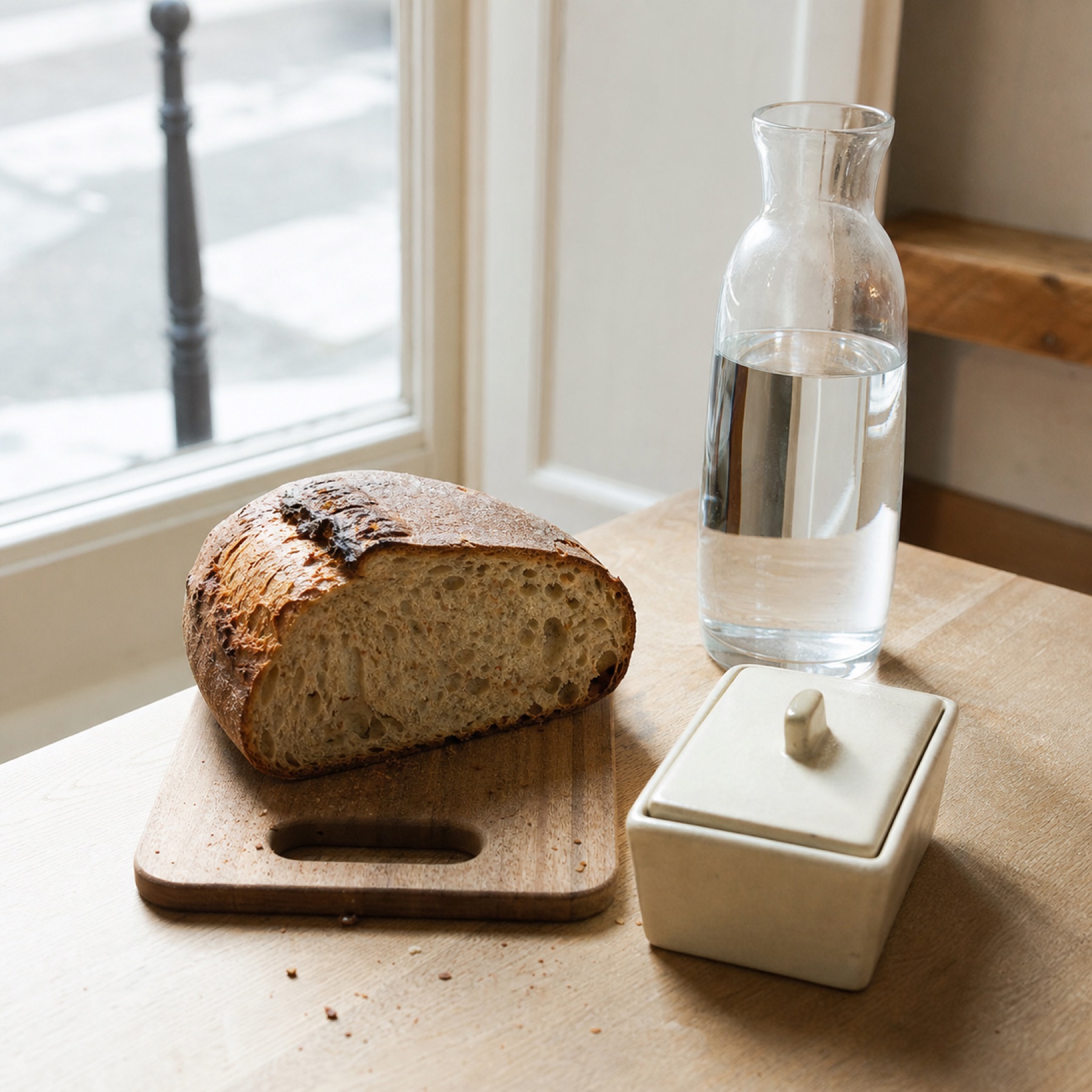 Pain de campagne, beurre et carafe